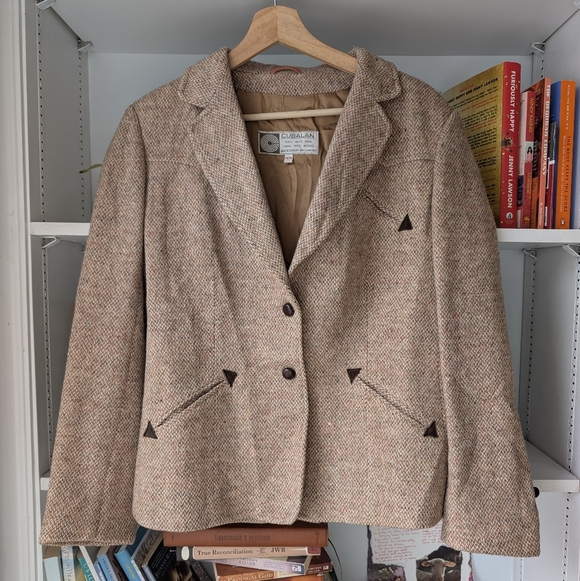 Vintage Jackets & Blazers - Vintage Women's Wool Blazer Brown Cream Size 12 - 14 Light Academia Preppy Twee
